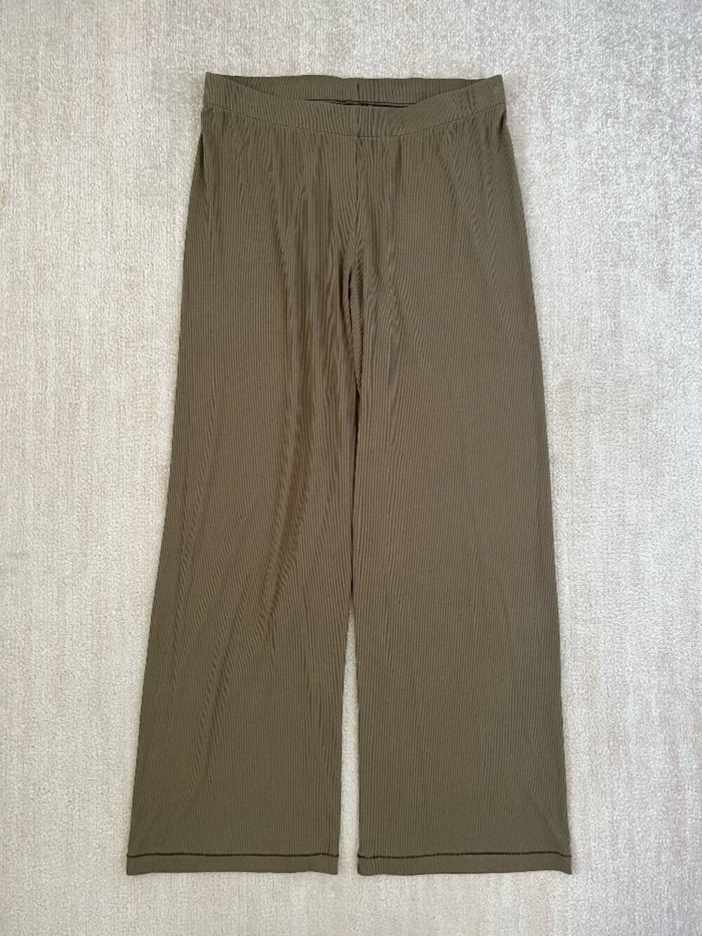 SKIMS Soft Lounge Ribbed Wide Leg Pants Green Elastic Waist L Modal Blend